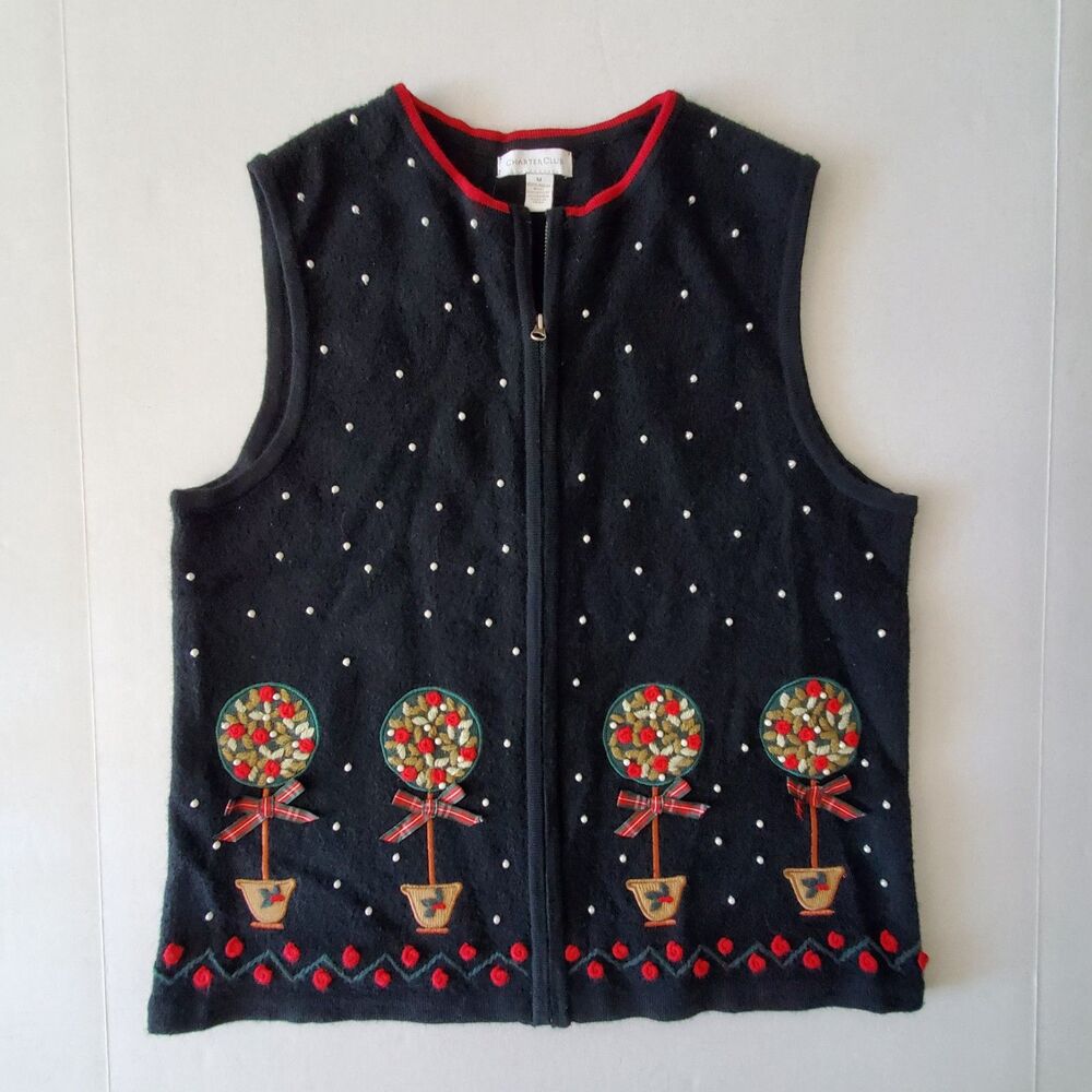 VNTG Christmas Wool Vest Embroider Topiary Charter Club Sz M Grandmacore Winter